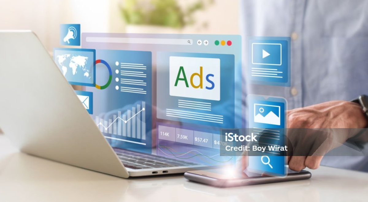 Digital marketing concept, Businessman using laptop with Ads dashboard digital marketing strategy analysis for branding. online advertisement, ad on website and social media. SEO. SMM.